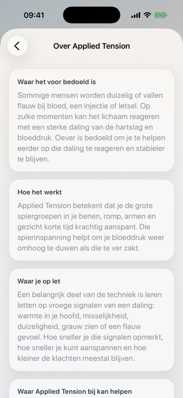 Over Applied Tension scherm in de Oever app met uitleg over de techniek.
