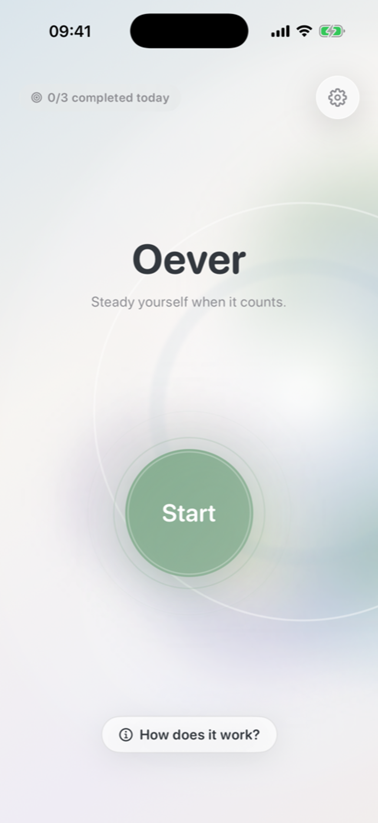 Start screen of the Oever app with a start button for an Applied Tension session.