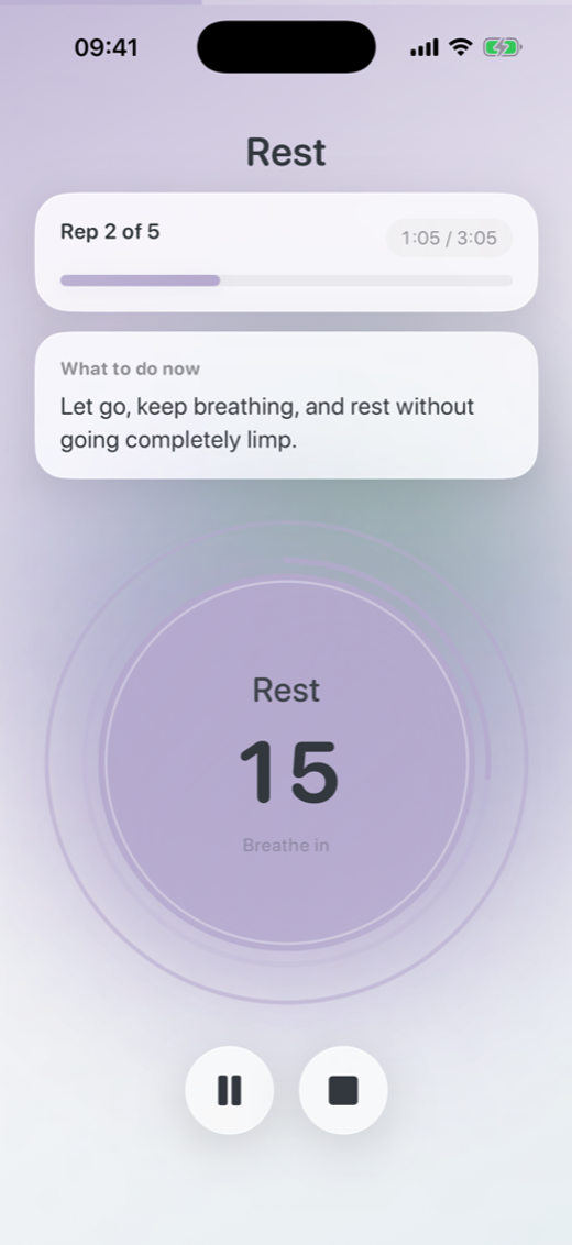 Recovery screen of the Oever app during an Applied Tension session.