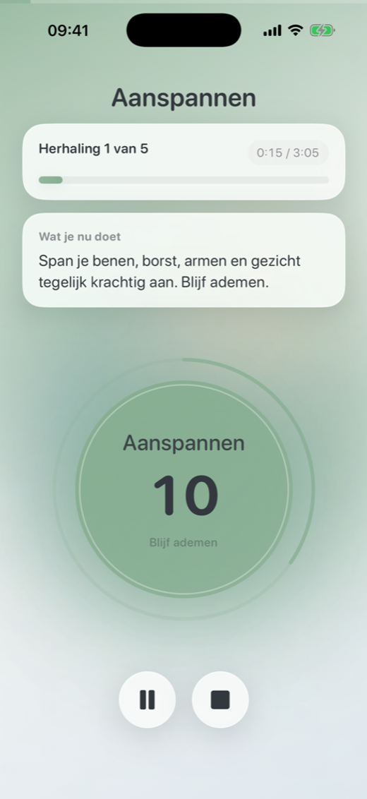 Aanspannen scherm van de Oever app tijdens een Applied Tension oefening.