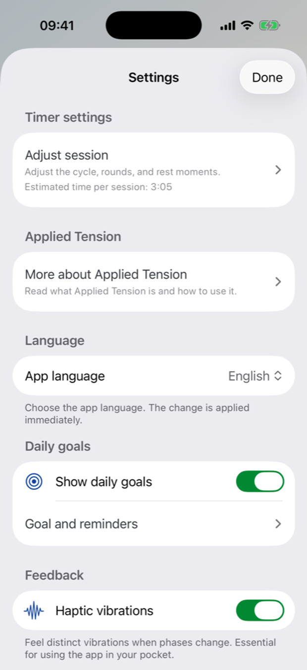 Timer settings of the Oever app.