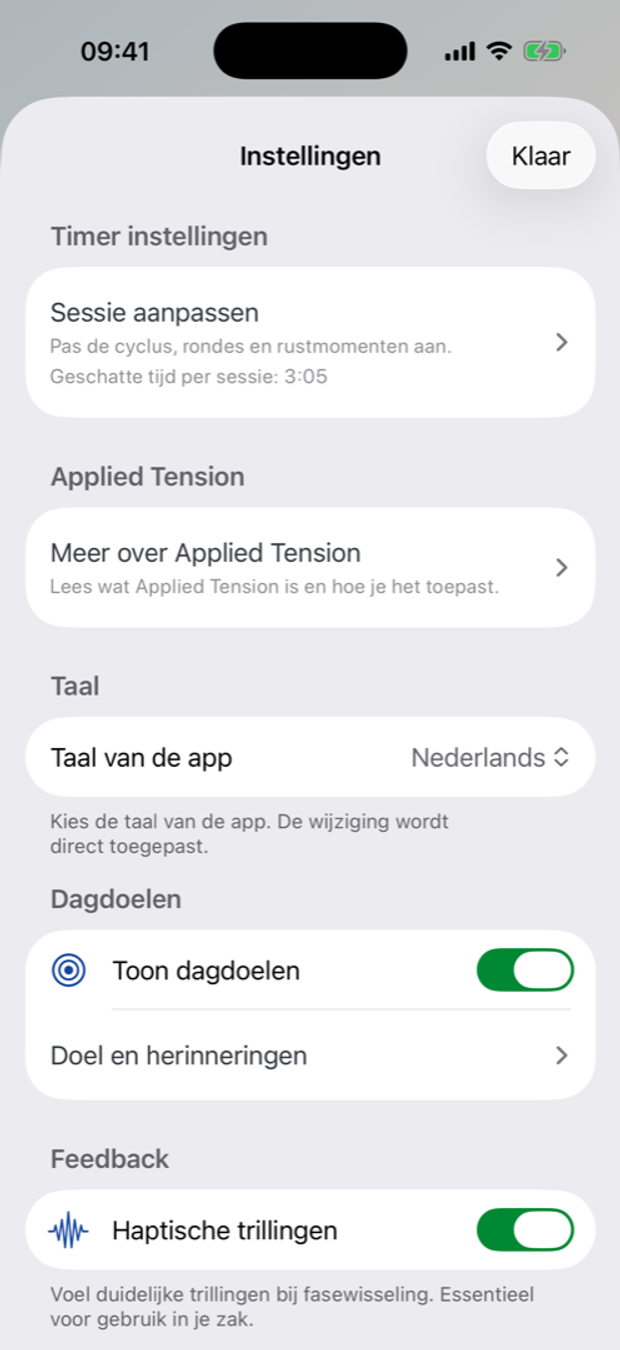 Timer instellingen van de Oever app.